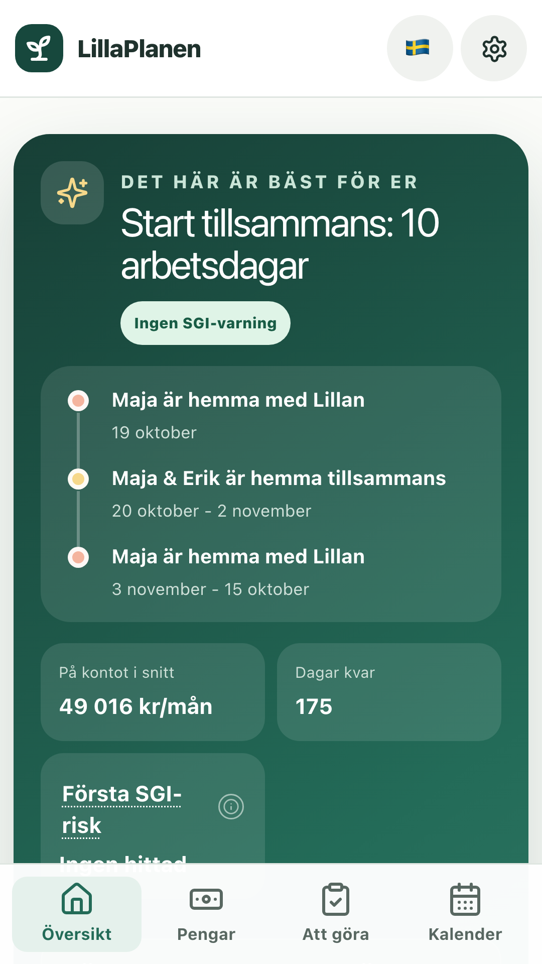 Appens översikt med rekommenderad föräldraplan